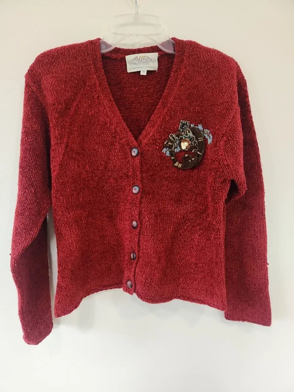 Vintage Susan Bristol Red Embroidered Embellished Cardigan Sweater Wool Blend M
